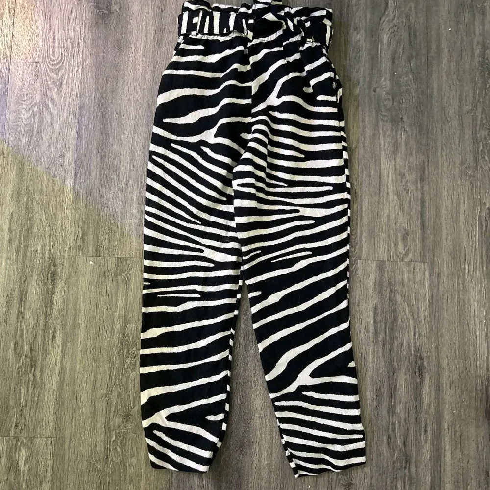 H&M Linen Blend Zebra Print Paper Bag Pants Women Size 2